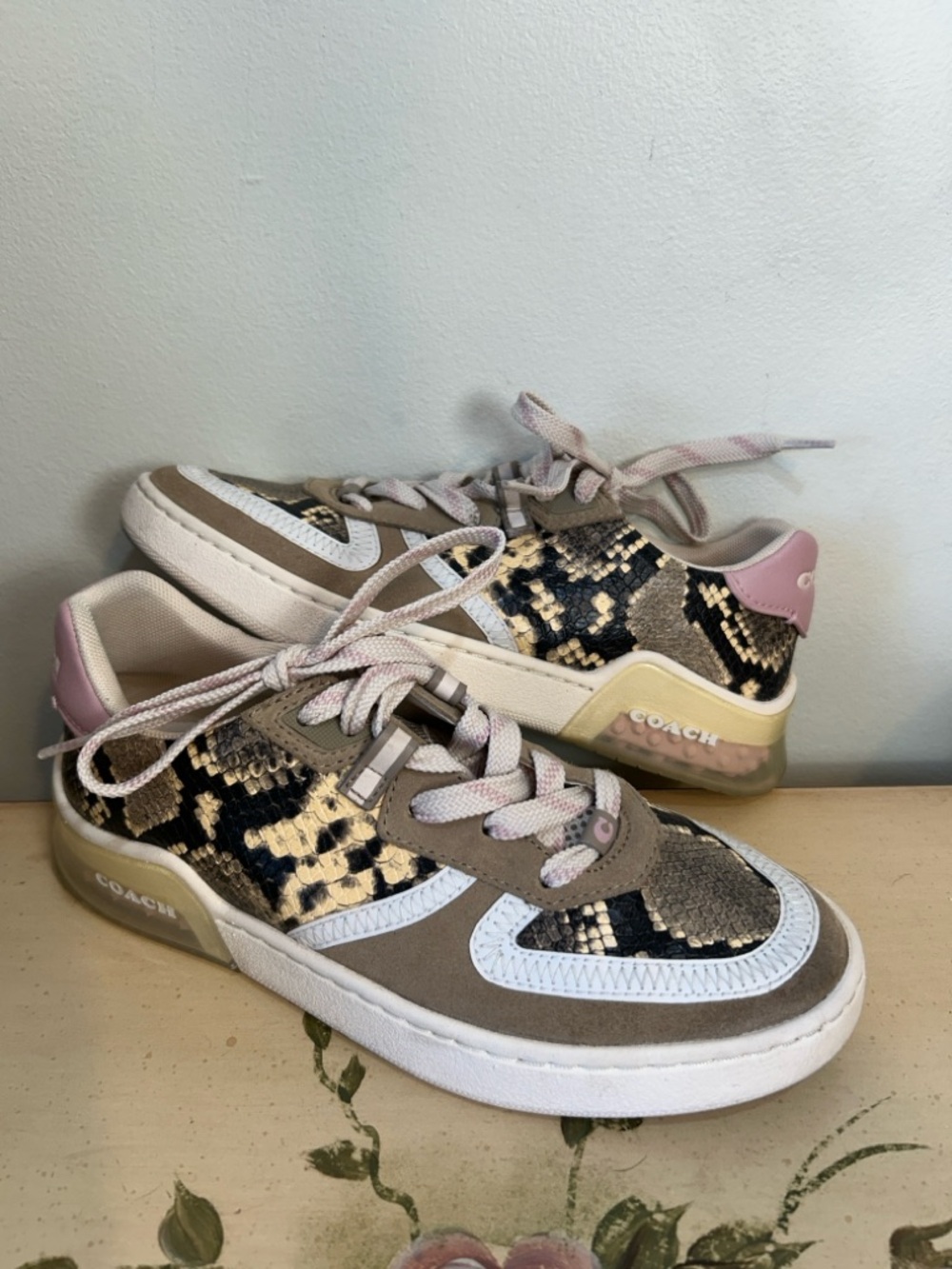 Coach City Court Beechwood / Aurora Pink Tan Suede Snakeskin Reptile Sneakers